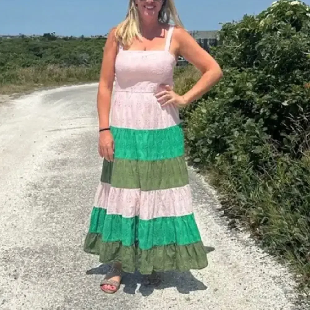 Slate & Willow Green Pink Tiered Ruffle Maxi Dress Size 0 Eyelet Cotton $310 - Picture 4 of 10